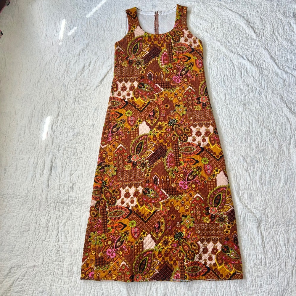 Vintage 70s Quilted Paisley psychedelic Maxi Dress Brown Orange Sleeveless